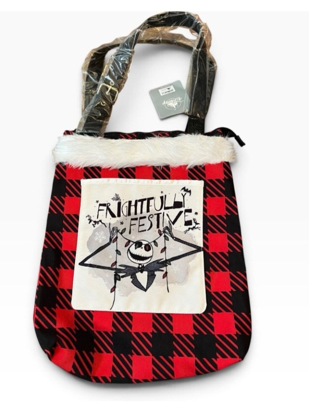 Disney NBC Jack Frightfully Festive Christmas Plaid Tote Bag Canvas Faux Fur NWT